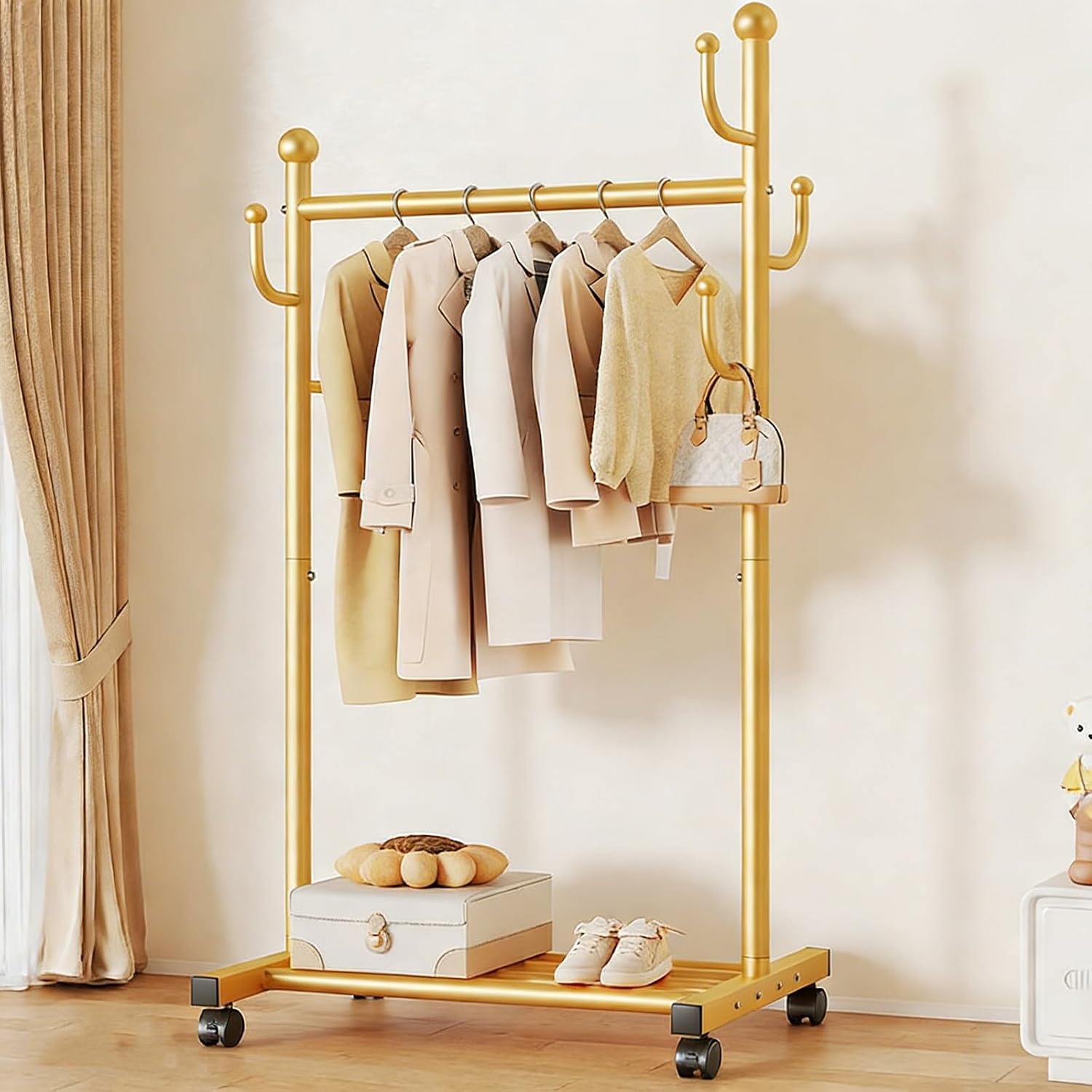 Rolling Clothes Rack with Wheels,Metal Garment Racks with 5 Hooks & Bottom Shelf,Freestanding Coat rack for Hanging Clothes Bedroom/Living Room Storage Organizer(Black,100cm(39.4in))