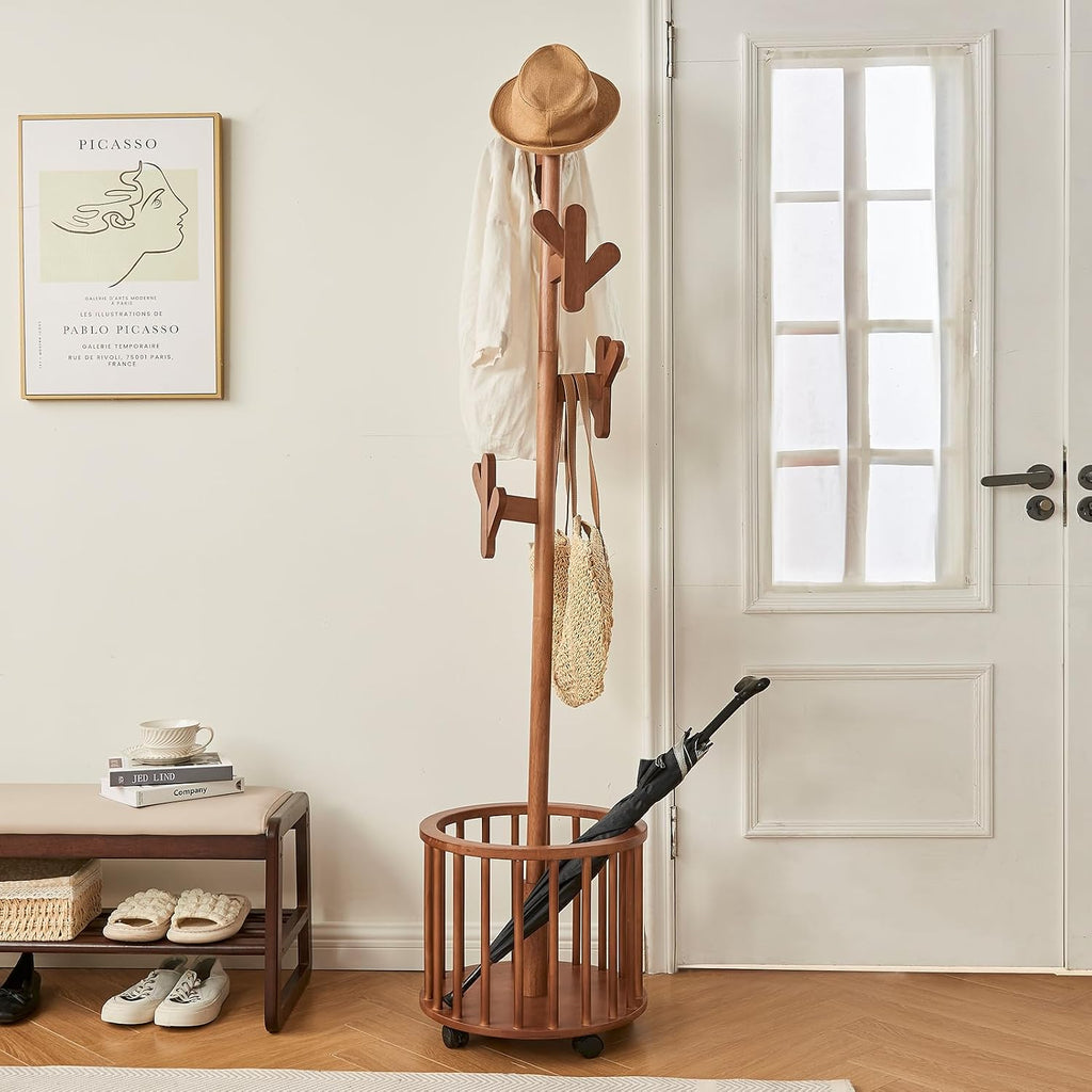 CozyDH Solid Wood Coat Rack Freestanding with Lockable 360° Rotary Casters, Coat Tree Stand with Umbrella Holder & Laundry Basket Storage & 12 Hooks, Walnut