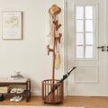 CozyDH Solid Wood Coat Rack Freestanding with Lockable 360° Rotary Casters, Coat Tree Stand with Umbrella Holder & Laundry Basket Storage & 12 Hooks, Walnut