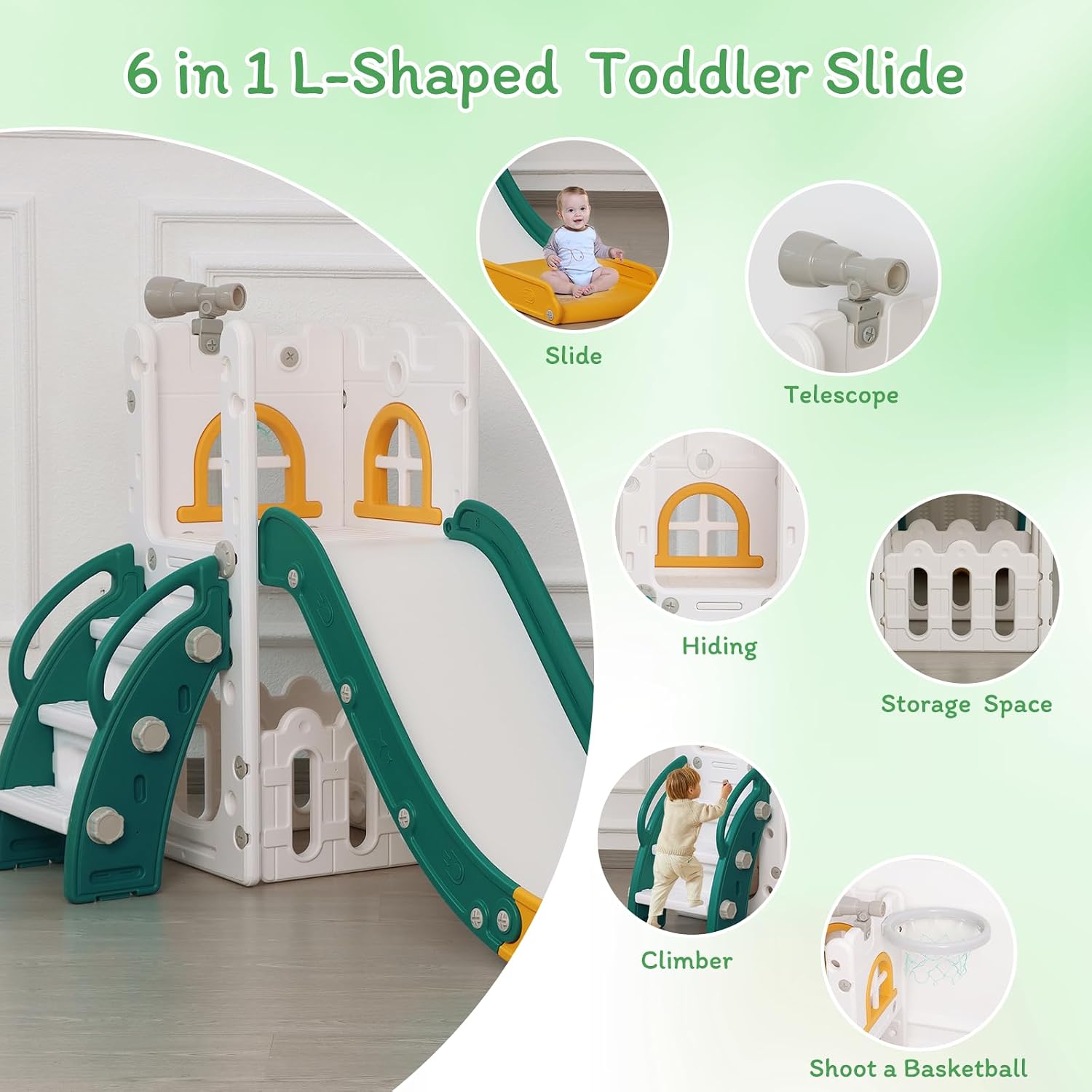 LulliSpace 6 in 1 Toddler Slide,Kids Climber Slider for Indoor Outdoor Playground with Basketball Hoop,Storage and Telescope,L Shaped Slide for Toddler Climber Playset
