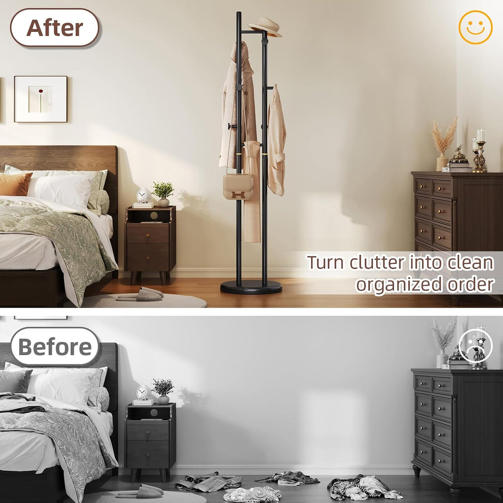 CozyDH Coat Rack Wooden Freestanding - Wood Coat Rack Freestanding Heavy Duty, Wooden Coat Stand with 6 Hooks Creative Look for Entryway, Hallway, Bedroom (Black)