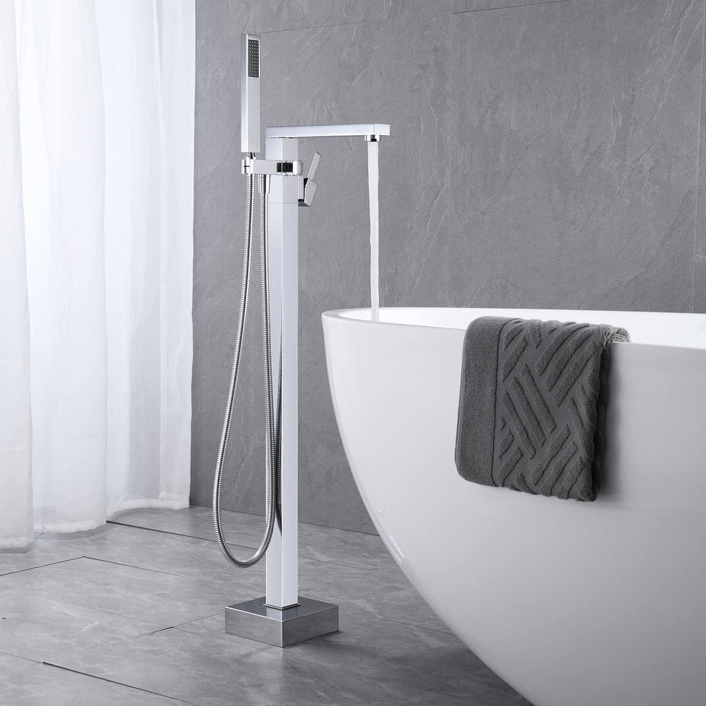 Wowkk Freestanding Bathtub Faucet Tub Filler Chrome Floor Mount Bathroom Faucets Brass Single Handle with Hand Shower