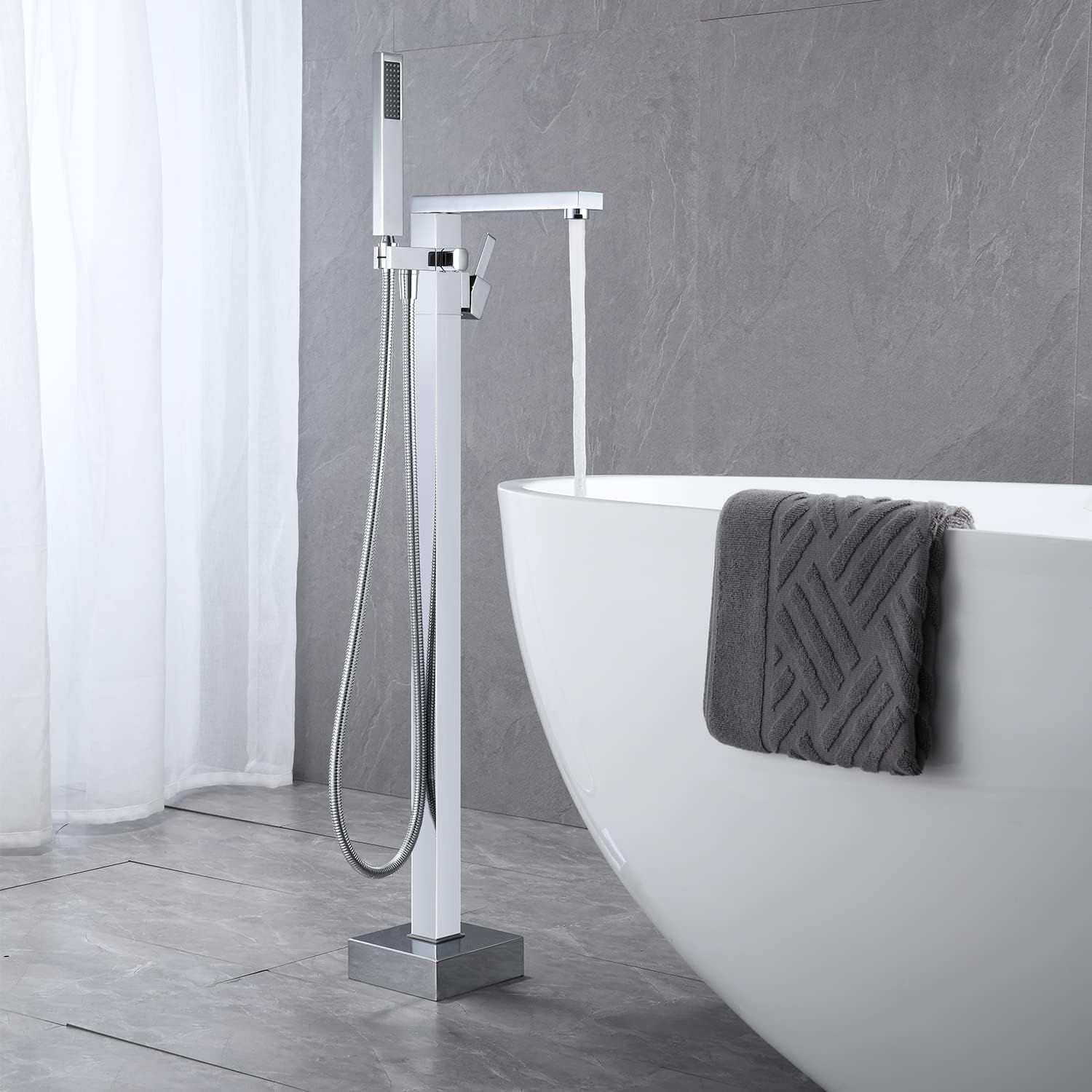 Wowkk Freestanding Bathtub Faucet Tub Filler Chrome Floor Mount Bathroom Faucets Brass Single Handle with Hand Shower