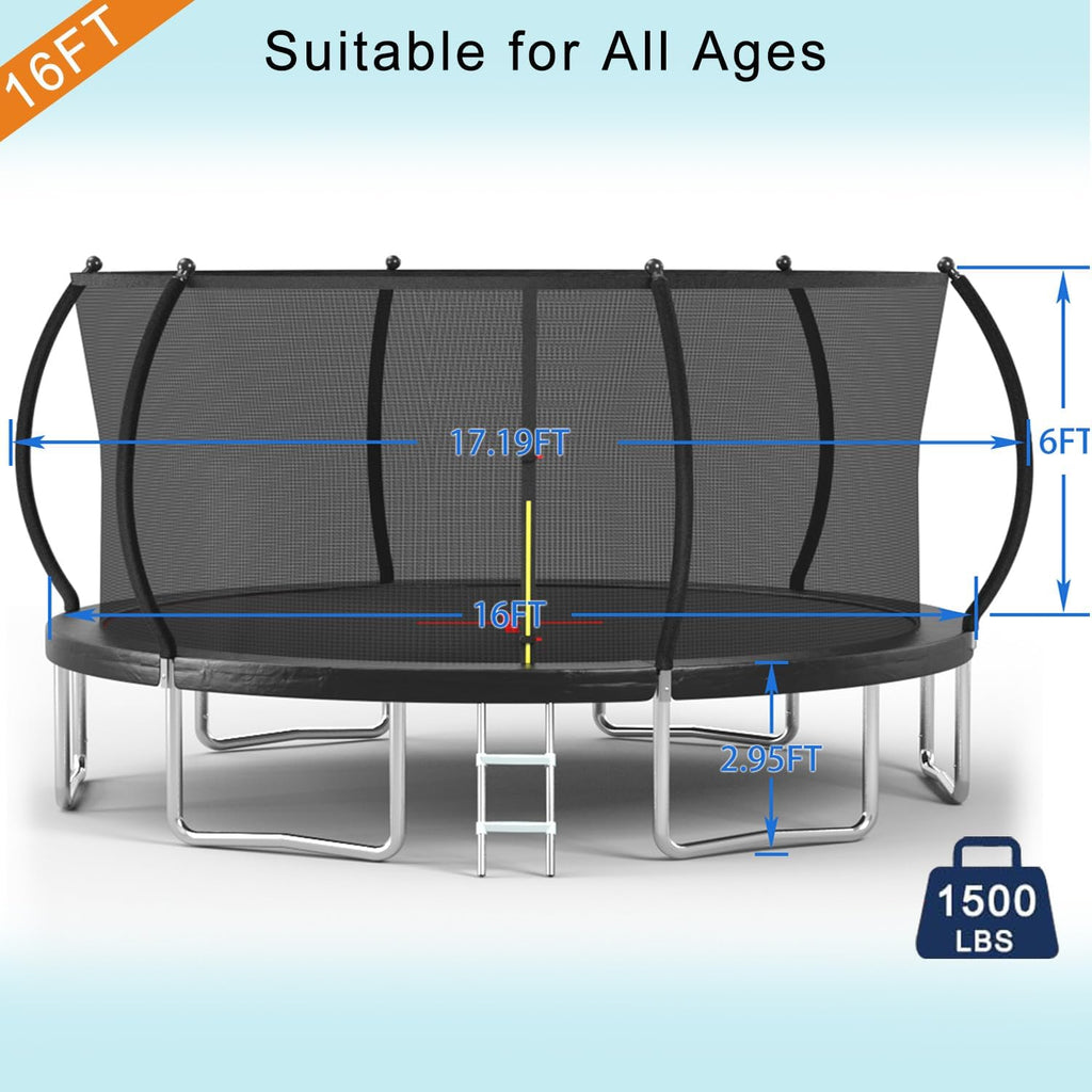 1500LBS 10FT 12FT 14FT 15FT 16FT Trampoline with LED Lights, Sprinkler, Music Speaker and Socks, ASTM Approved Outdoor Trampoline for Kids and Adults, Backyard Trampolines with Net Enclosure