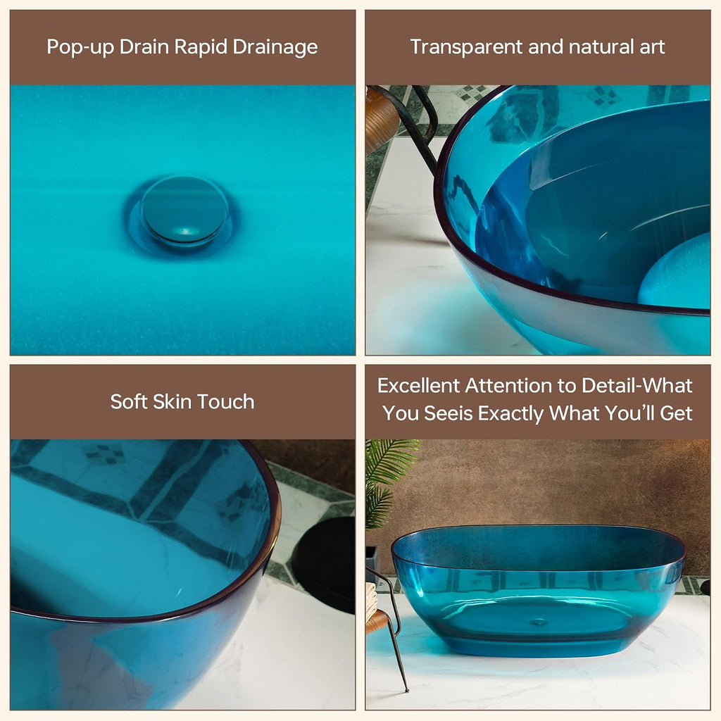 WOODBRIDGE 63' L x 28-3/8' W Transparent Blue Stone Resin Freestanding Soaking Tub with Double Ended Design