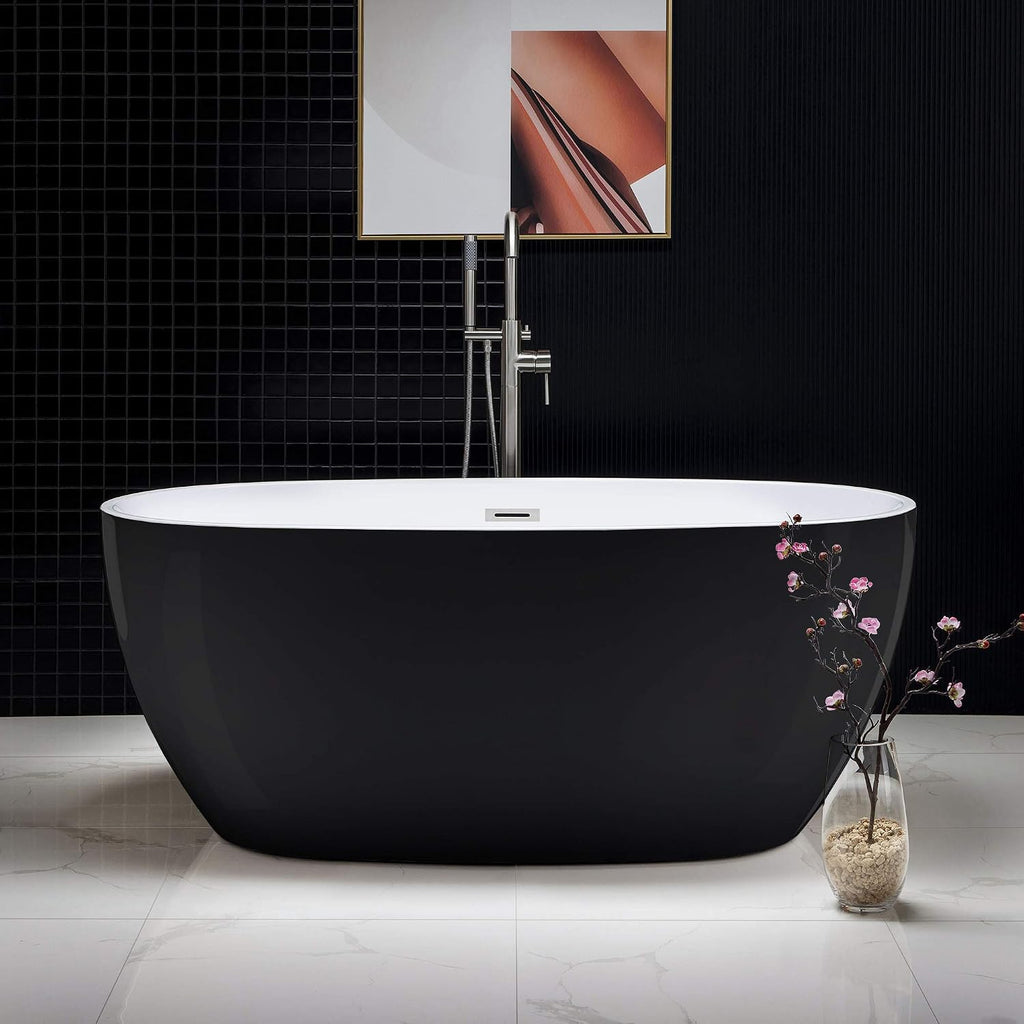 WOODBRIDGE 59' Acrylic Freestanding Bathtub Contemporary Soaking Black Tub with Brushed Nickel Overflow and Drain，B1818 Black -B/N-Drain &O