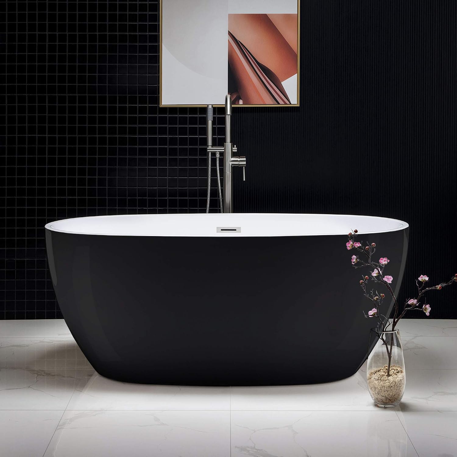 WOODBRIDGE 59' Acrylic Freestanding Bathtub Contemporary Soaking Black Tub with Brushed Nickel Overflow and Drain，B1818 Black -B/N-Drain &O