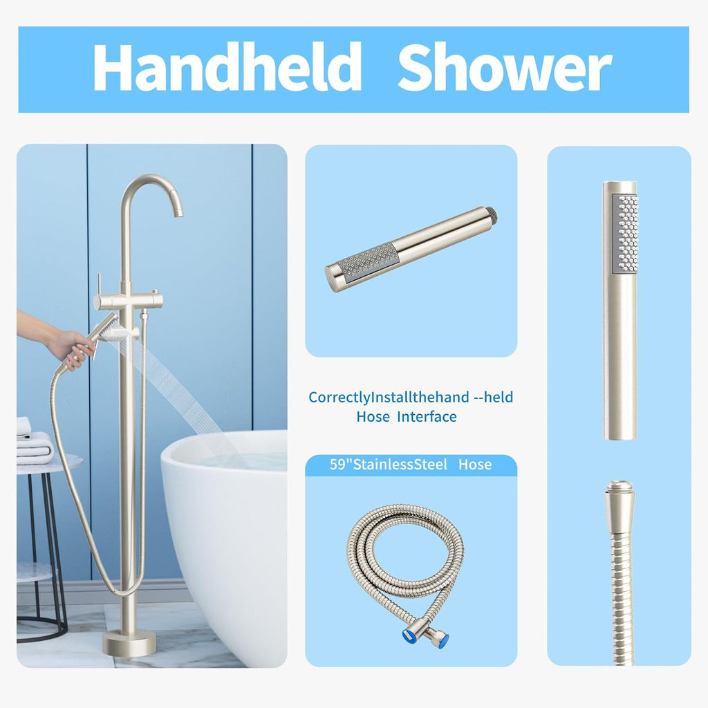 Freestanding Bathtub Faucet,Tub Filler Floor Mount Stand Bathtub Faucet Brass Bathroom Tub Faucets with 2 Function Hand Shower Wand Swivel Brushed Nickel