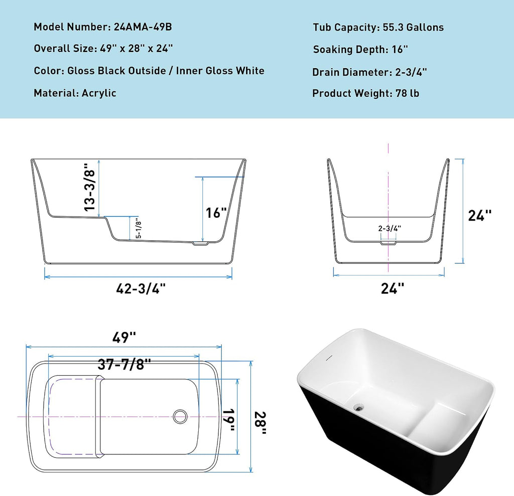 Abruzzo 49'Acrylic Free Standing Tub,Janpanese Soaking Tub with Seat Desgin,Modern Soaking Bathtub with cUPC Certified(Glossy Black)
