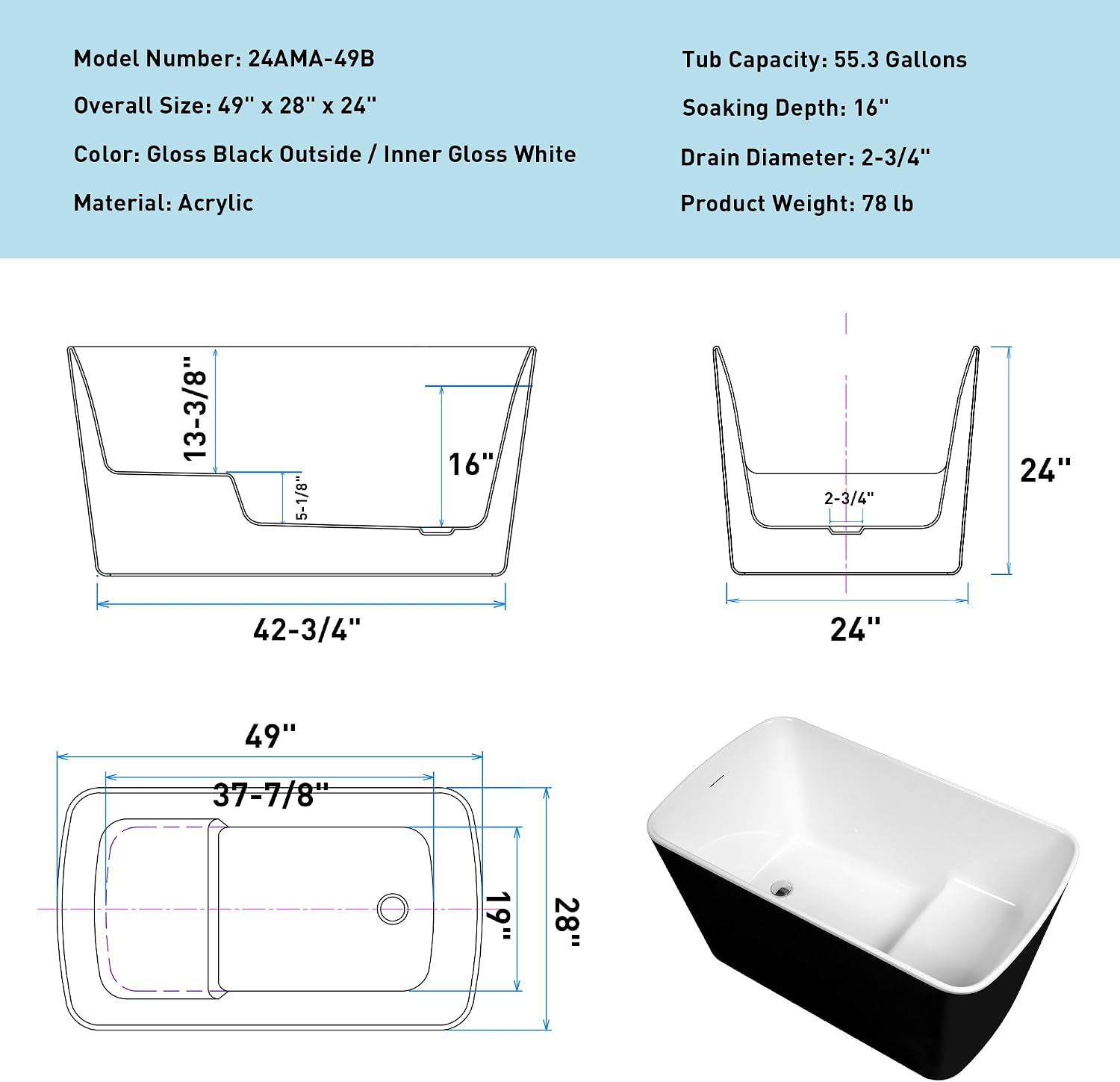 Abruzzo 49'Acrylic Free Standing Tub,Janpanese Soaking Tub with Seat Desgin,Modern Soaking Bathtub with cUPC Certified(Glossy Black)