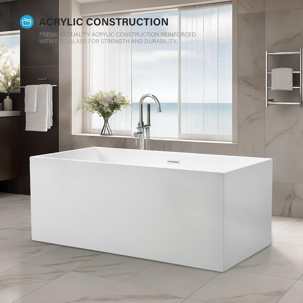 Vanity Art 67 X 32 Inch White Acrylic Freestanding Bathtub | Contemporary Design Soaking Tub with Pop-up Drain Overflow Included, UPC Certified VA6813B-L-PW
