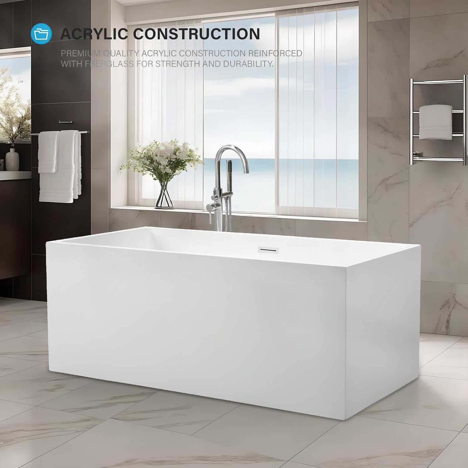 Vanity Art 67 X 32 Inch White Acrylic Freestanding Bathtub | Contemporary Design Soaking Tub with Pop-up Drain Overflow Included, UPC Certified VA6813B-L-PW