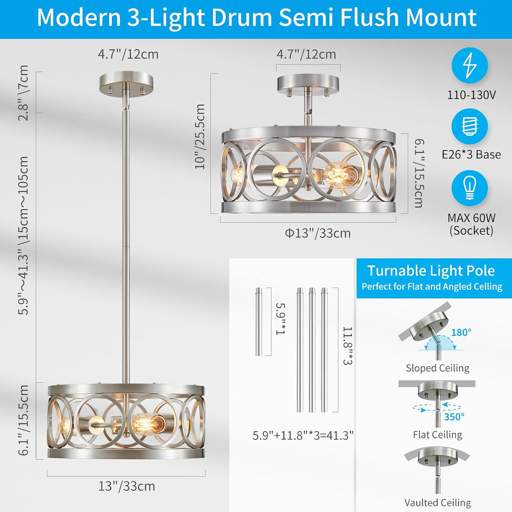 XINGQI Brushed Nickel 3-Light Rustic Ceiling Light Modern Adjustable Height Pendant Lighting Fixture Antique Drum Lamp for Living Room Bedroom Entryway Corridors 13'