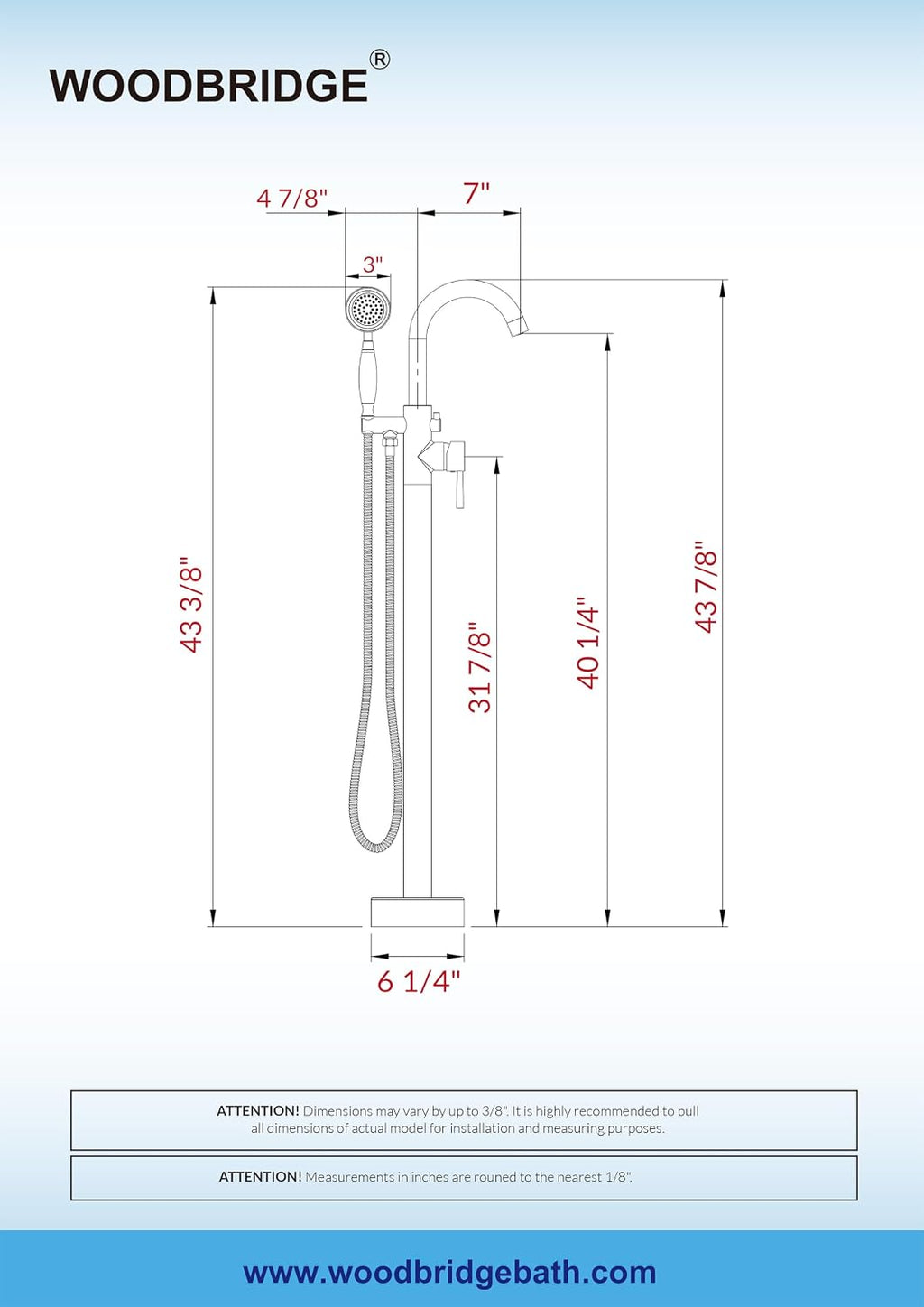 WOODBRIDGE F0002CHVT Fusion Single Handle Floor Mount Freestanding Tub Filler Faucet with Telephone Hand shower in Polished Chrome Finish