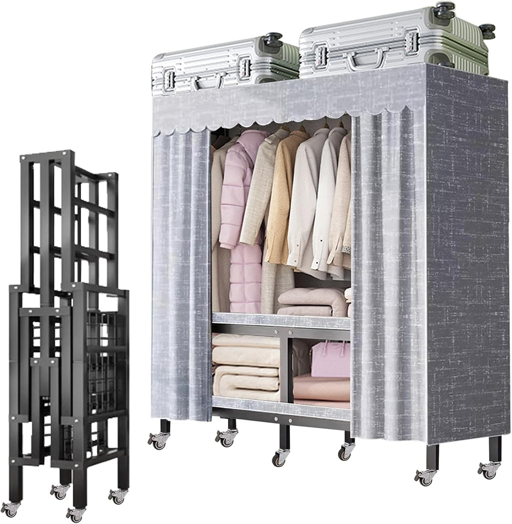 Heavy Duty Rolling Covered Metal Garment Rack with Lockable Wheels and Door, Load 2000lbs, Portable Closets for Hanging Clothes, Large Capacity 360°Enclosed Clothing Racks (105cm/41.3in)
