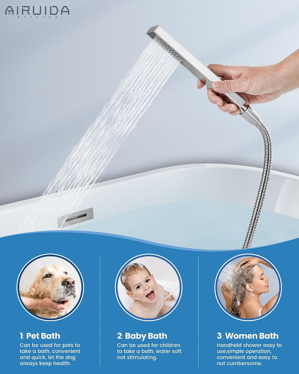 Airuida Wall Mount Tub Faucet with Waterfall Tub Spout Wall Mounted Bathtub Faucet with Handheld Shower Single Handle Tub Filler Shower Faucet Set with Rough-in valve Straight Spout Chrome Polish