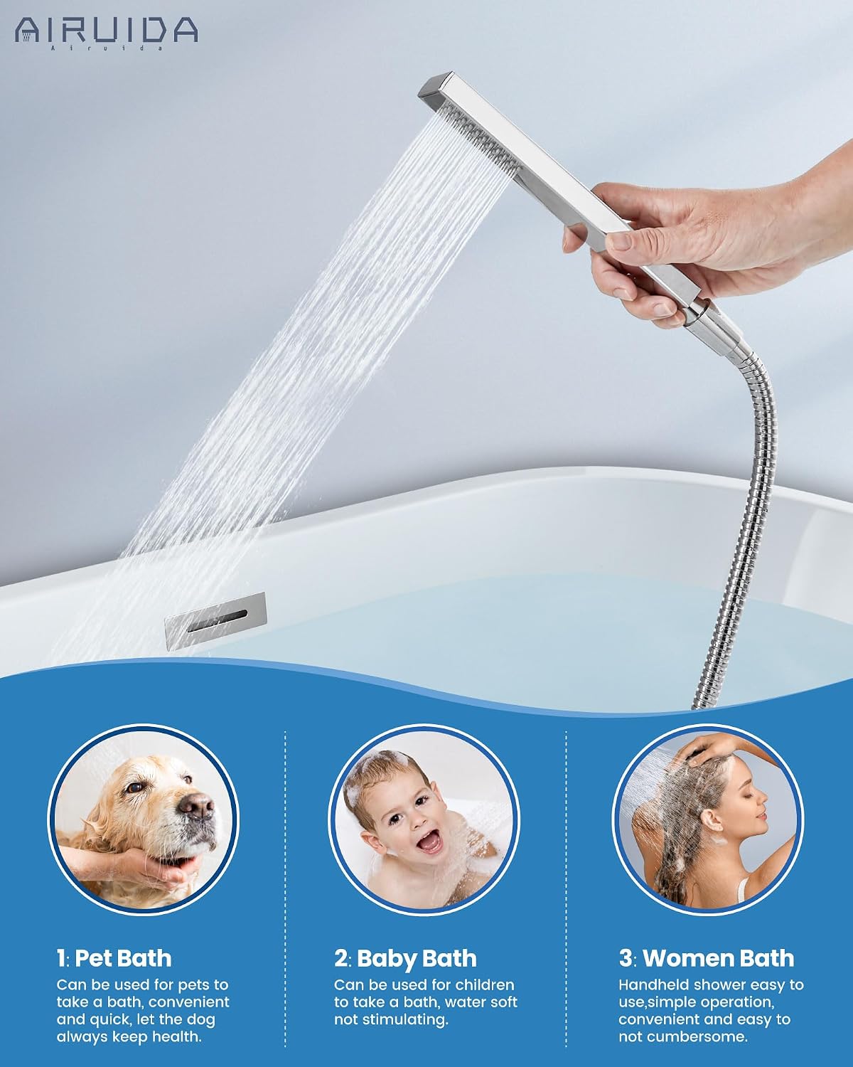Airuida Wall Mount Tub Faucet with Waterfall Tub Spout Wall Mounted Bathtub Faucet with Handheld Shower Single Handle Tub Filler Shower Faucet Set with Rough-in valve Straight Spout Chrome Polish