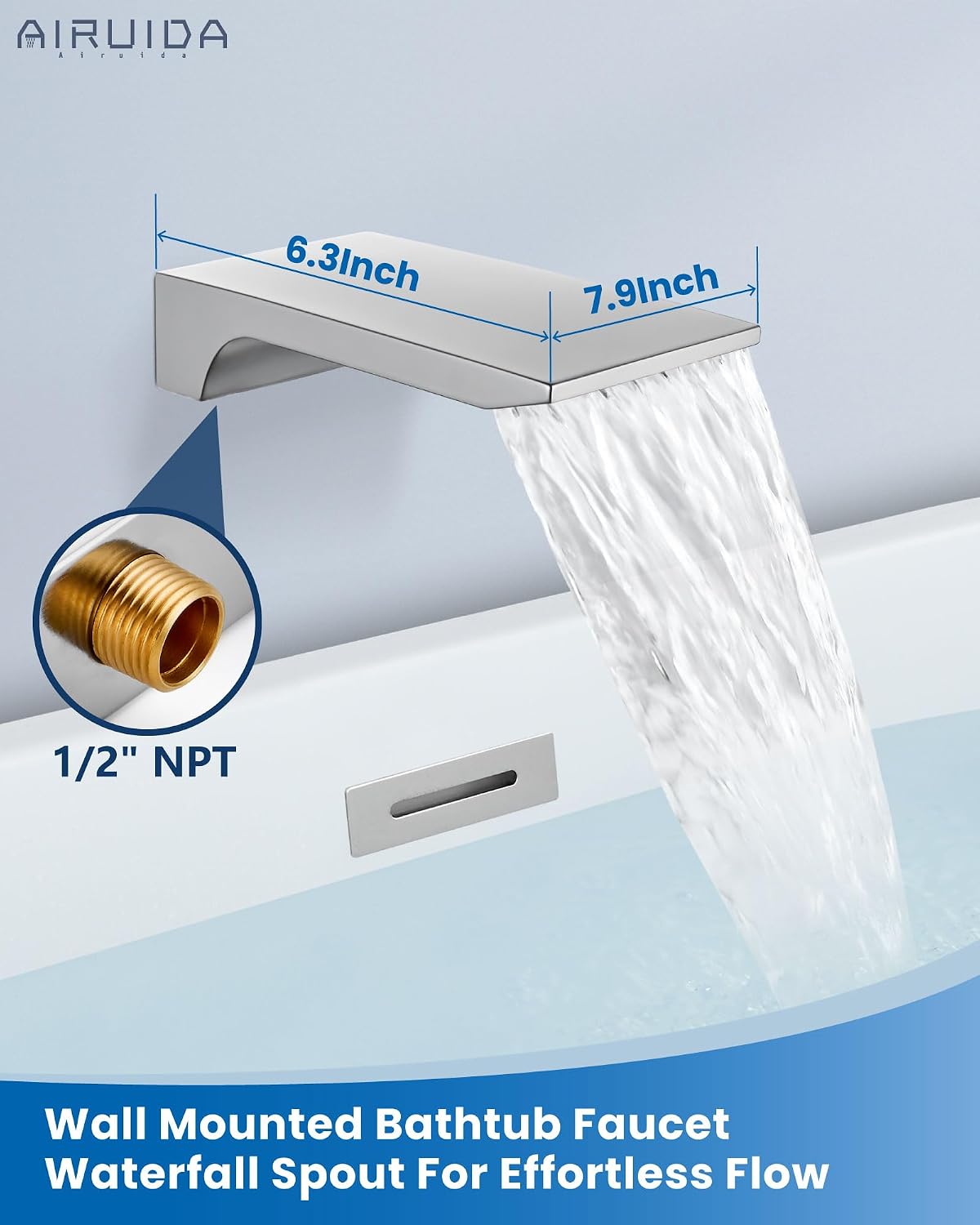 Airuida Wall Mount Tub Faucet with Waterfall Tub Spout Wall Mounted Bathtub Faucet with Handheld Shower Single Handle Tub Filler Shower Faucet Set with Rough-in valve Straight Spout Chrome Polish