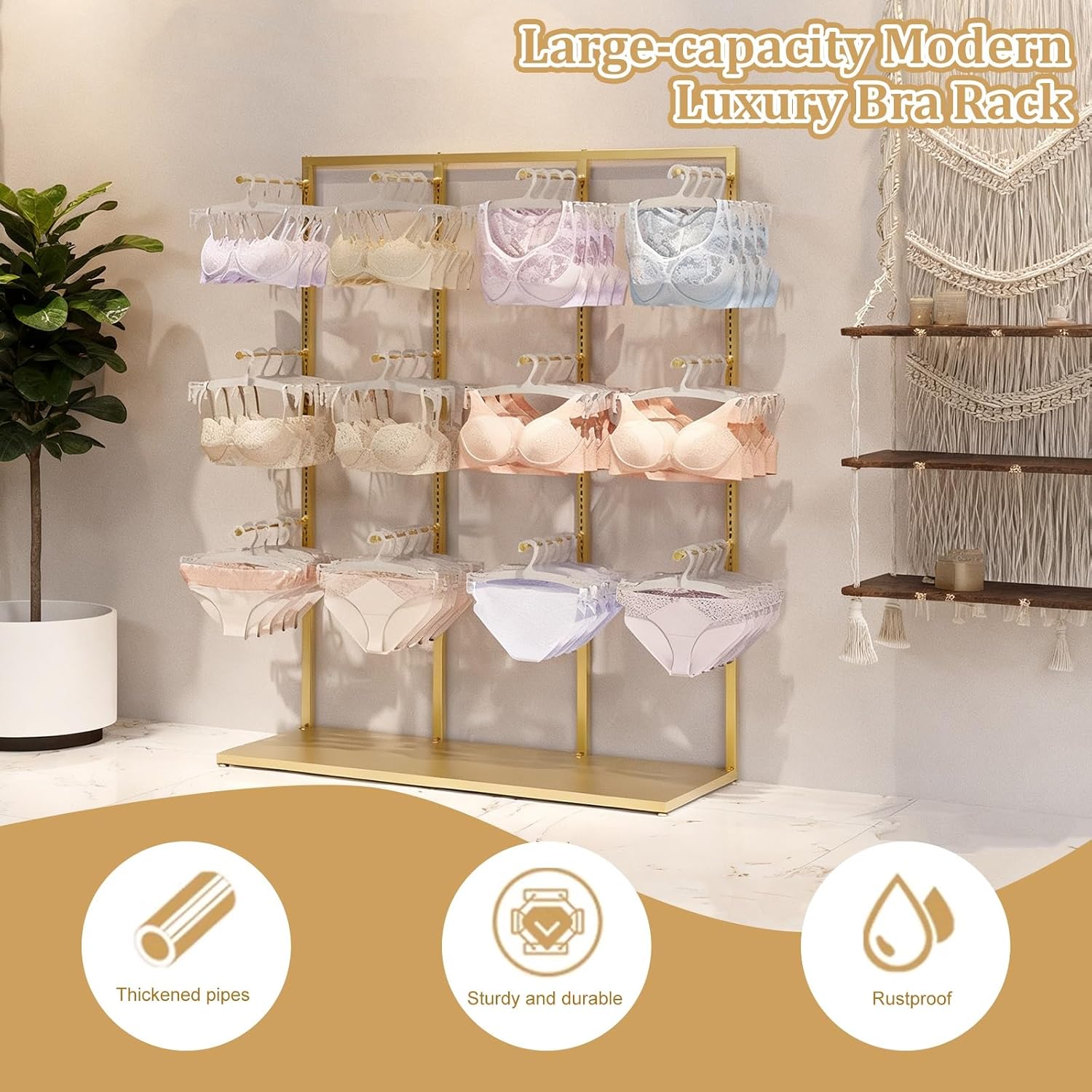 Metals Underwear Display Rack Stand,Freestanding Clothing Store Boutiques Retail Lingerie Garment Rack Coat Rack Stand,Commercial Shelves,for Socks Bra Panties Scarves Storage(Gold,L100cm/39.3in)