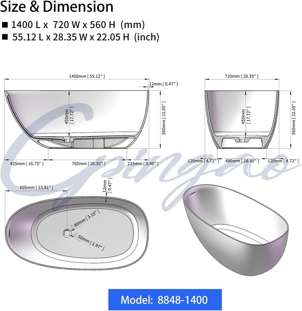 Cpingao 55' Stone Resin Freestanding Bathtub Contemporary Soaking Matte White Tub with Drain and Overflow, 8848-1400