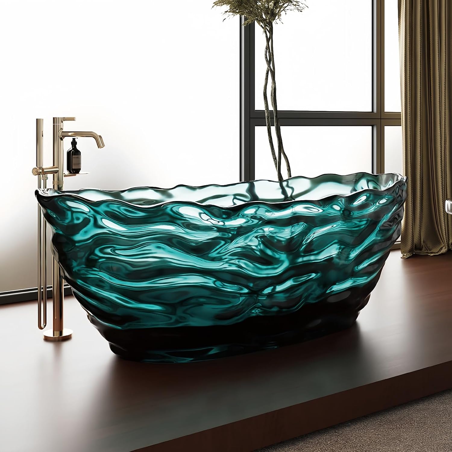 72' Edeyeu Freestanding Bathtub - Extra Deep Soaking Tub with Crystal Resin Design, Free Standing Bathtub Solid Surface, Durable Soaker Tub Easy to Clean with Drain Blue A