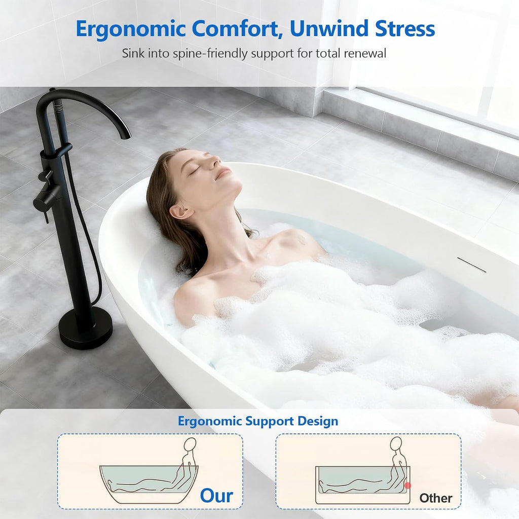 55″ Freestanding Solid Surface Bathtub, Oval Thick Edge Matte White Stone Resin Stand Alone Soaking Tub, Ergonomic Free standing Flatbottom Tubs with Overflow, Pop-up Drain (Matte White, 55')