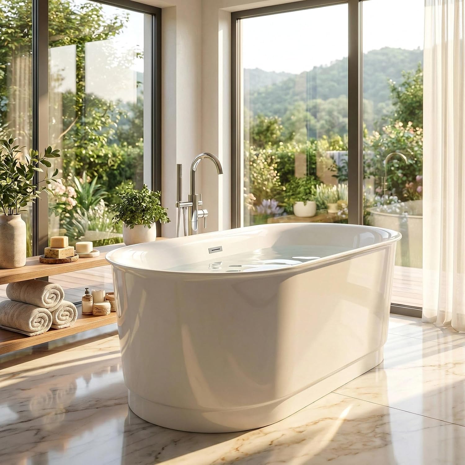 67' Acrylic Freestanding Bathtub, 15' Deep Soaking Tub with Integrated Overflow & Drain, CUPC Certified Free Standing Tub, Chrome Drain Bath Tub, Modern Tub for Bathrooms, Flip-edge White
