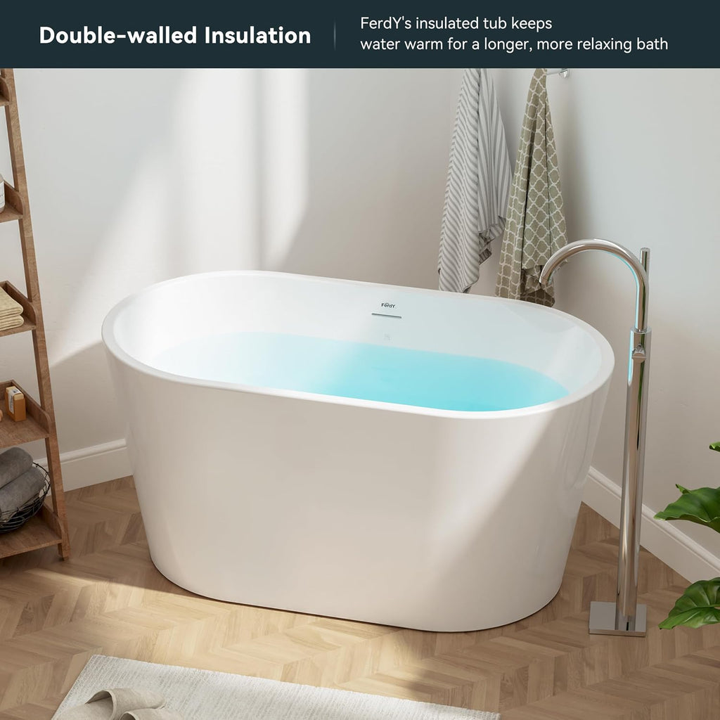 FerdY Shangri-La 47' Acrylic Freestanding Bathtub, Small Classic Oval Shape Acrylic Soaking Bathtub with Polished Gold Drain & Bath Pillow for Bathtub,Thick Tub Pillows, Breathable 4D Air Mesh
