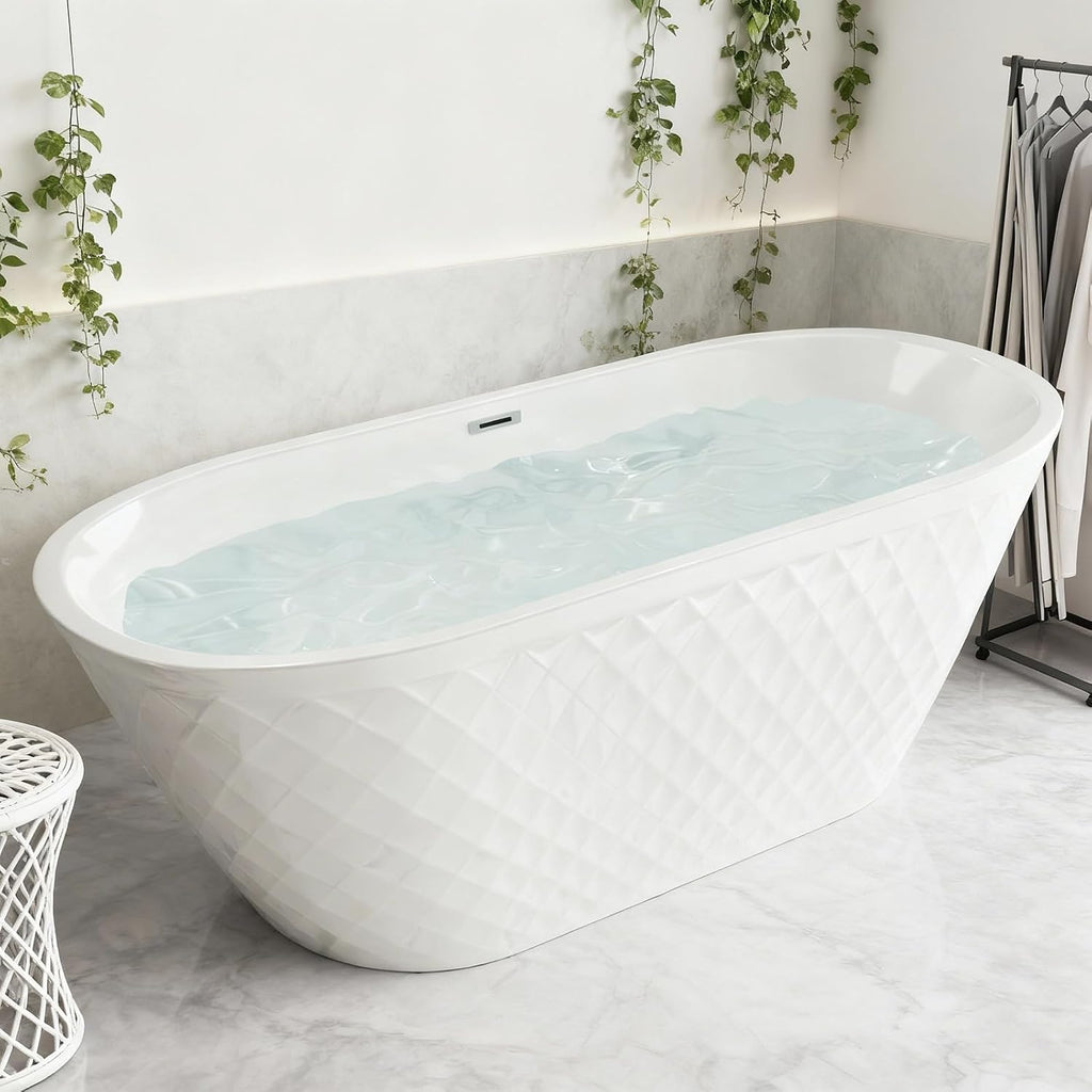 59' Acrylic Freestanding Tub, Oval Shape Soaking Tubs with Unique Diamond Pattern, Free Standing Bathtub for Bathroom