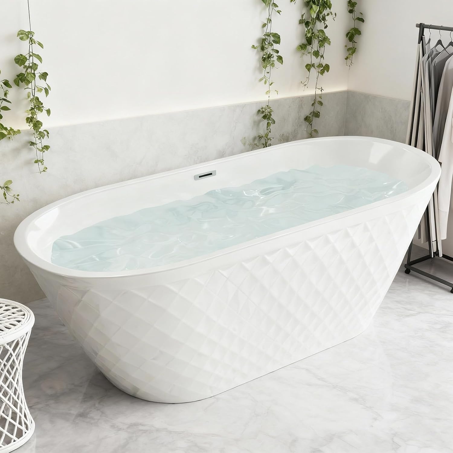 59' Acrylic Freestanding Tub, Oval Shape Soaking Tubs with Unique Diamond Pattern, Free Standing Bathtub for Bathroom