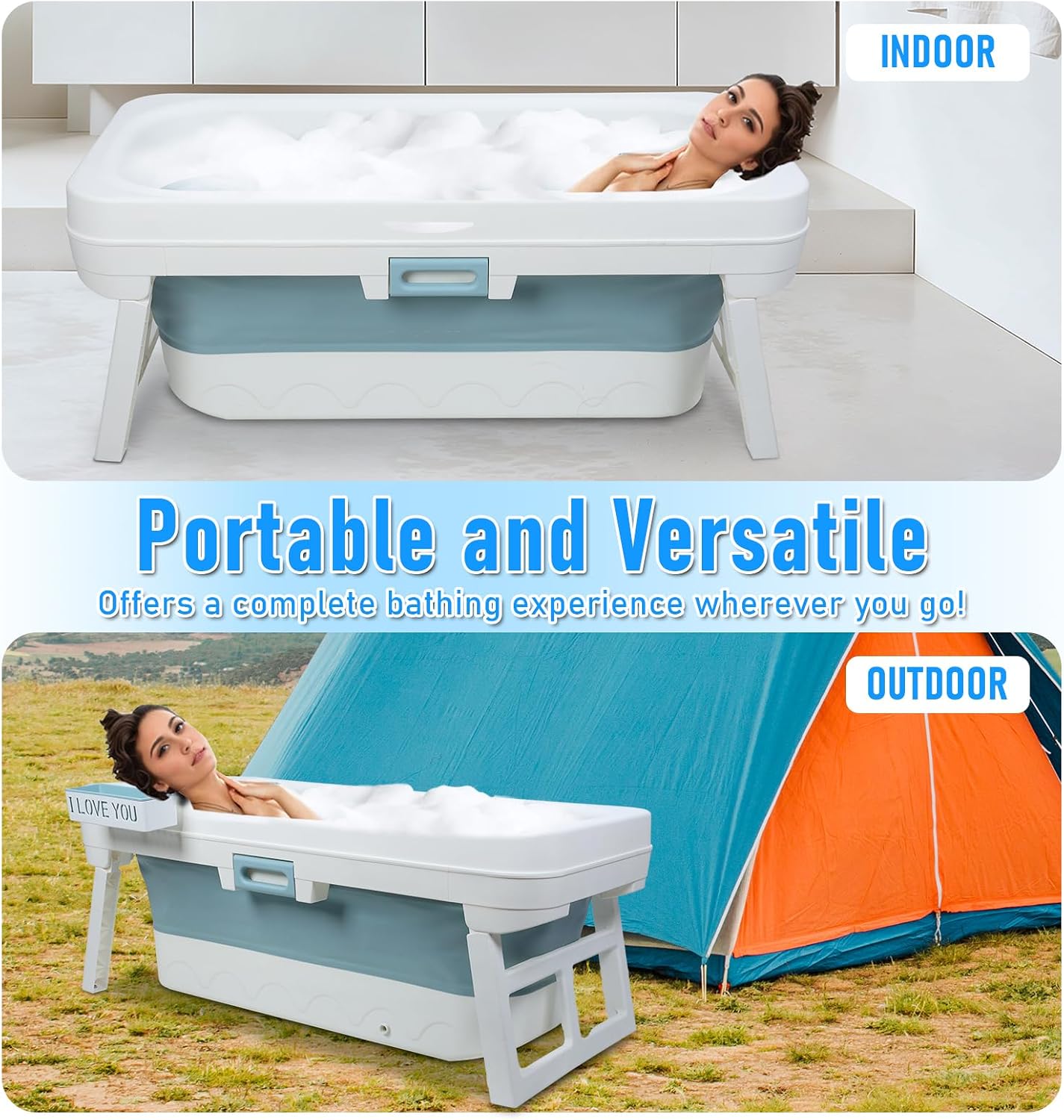 Foldable Bathtub for Adults, 55 inch Large Portable Bath tub with Storage Basket, Freestanding Surround Collapsible Bathtub, No Lid, Hot Bath, Ice Bath (Blue C, 130cm)