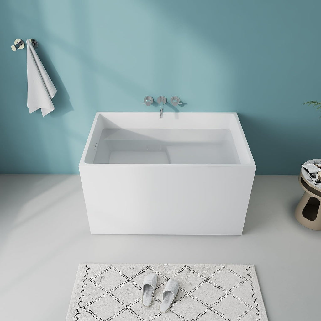 43.3' Free standing Bathtubs With Seat, Gloss White Acrylic Tub | Modern Freestanding Bathtub, Unique Soaking Tub with Overflow and Drain
