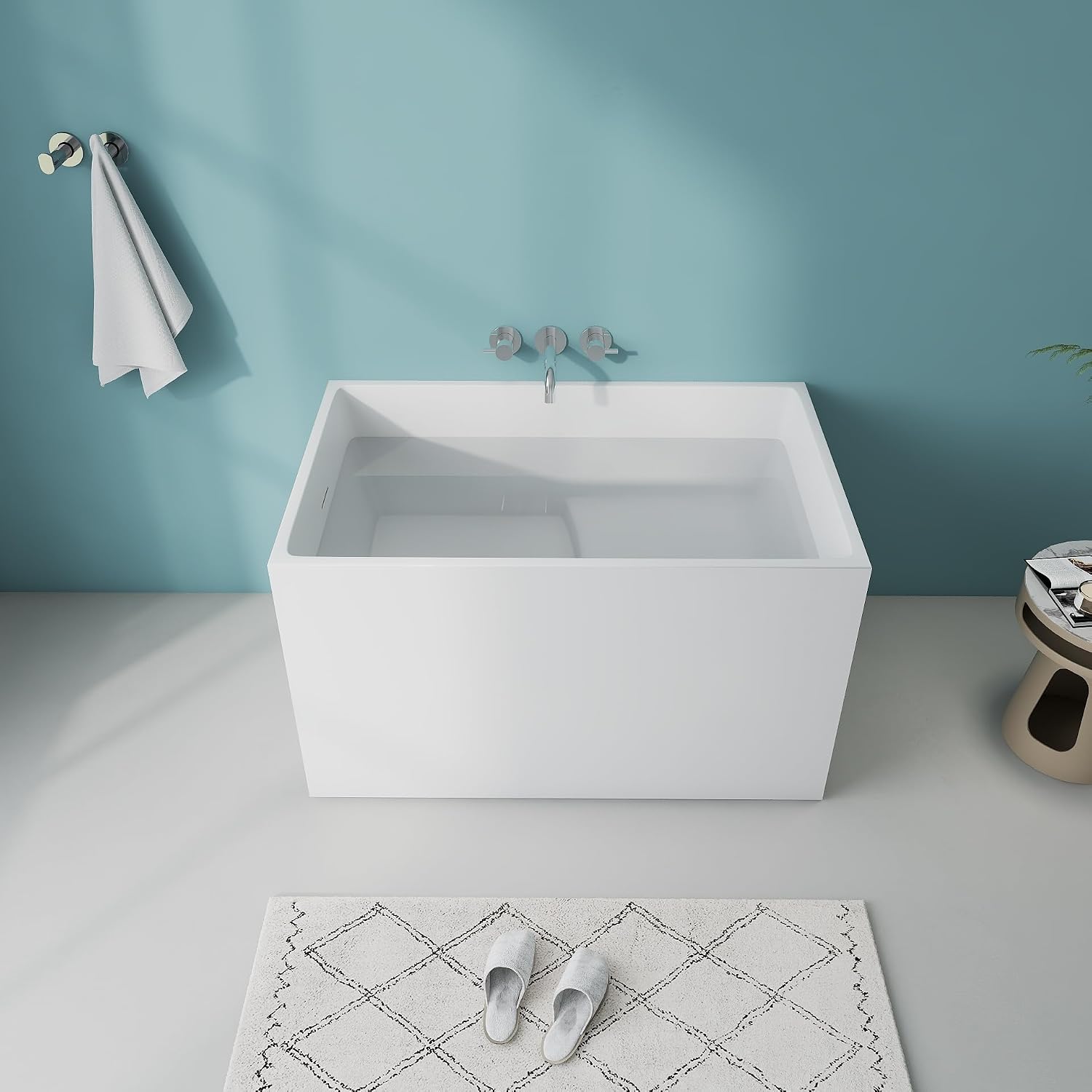 43.3' Free standing Bathtubs With Seat, Gloss White Acrylic Tub | Modern Freestanding Bathtub, Unique Soaking Tub with Overflow and Drain