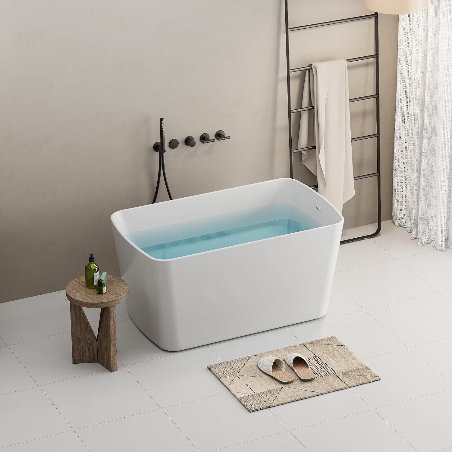 49' Acrylic Freestanding Bathtubs, Square Shaped Japanese Soaking Tub, Stand Alone Tubs W/Pop-UP Chrome Drain, Slotted Overflow, cUPC Certified, Glossy White (Without Seat)