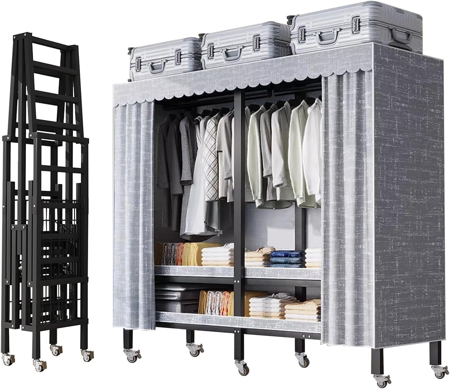 Foldable Wheeled Clothes Rack - Portable Heavy Duty Wardrobe Closet, Load 2000lbs/With Cover Bedroom Armoires Freestanding Clothing Coat Storage Rack Rolling Garment Rack For Hanging Clothes ( Size :