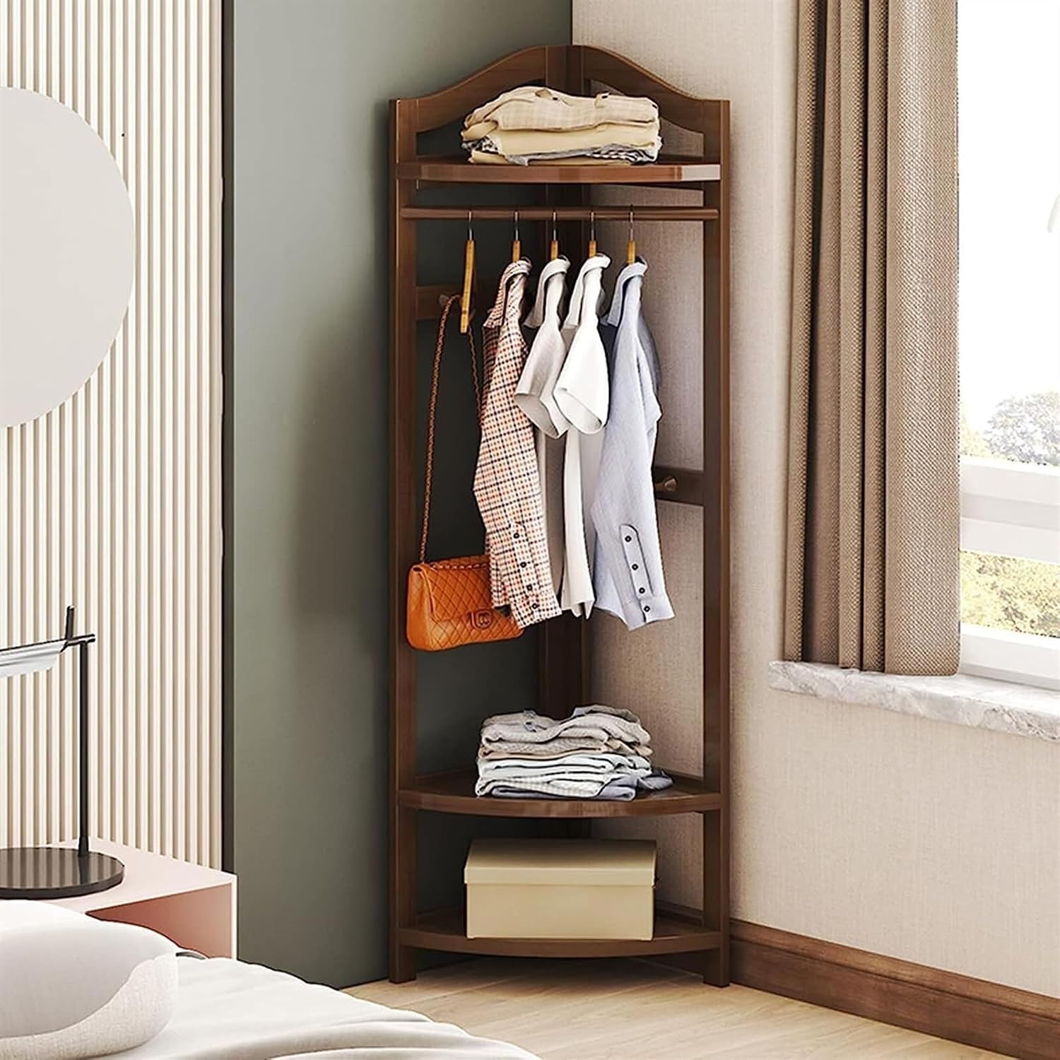 Wooden Coat Rack Freestanding Garment Rail with Hooks, Bamboo Corner Floor Hanger for Hats, Coats, Bags, Bedroom, Entryway, Hallway (Walnut, 170cm)