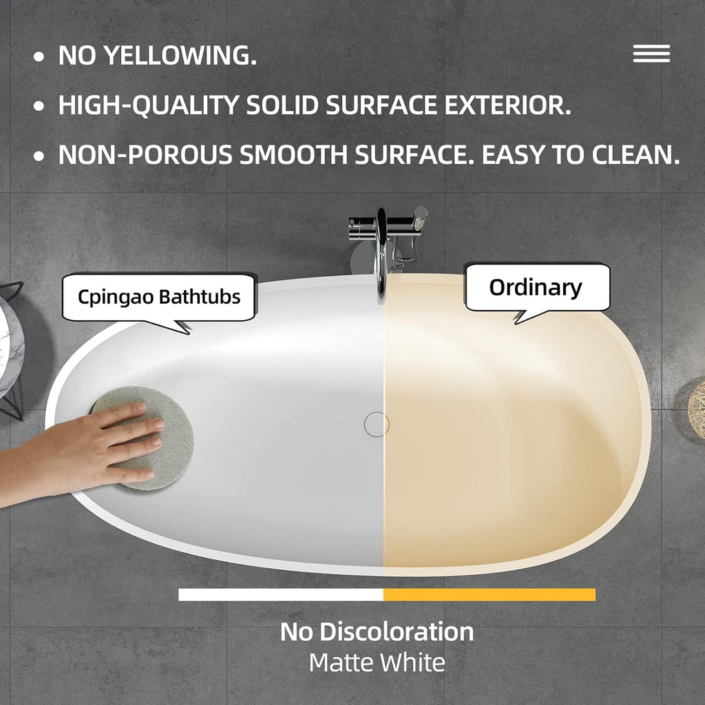 Cpingao Solid Surface Freestanding Bathtub 67 inch, Egg Shell Shaped Stone Resin Freestanding Tubs, Contemporary Oval Soaking Tub with Overflow and Pop-up Drain, Matte White