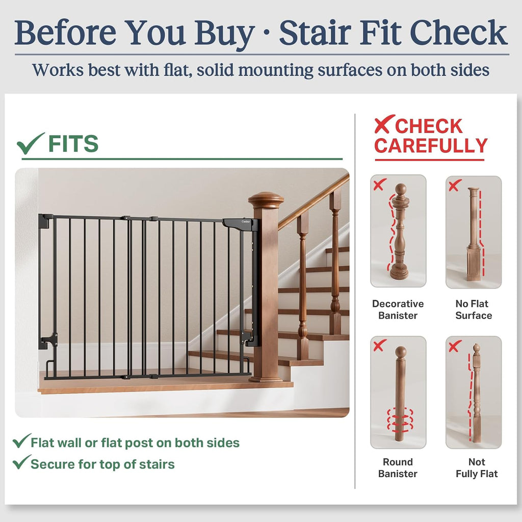 Cumbor 2 Pack 29.2-43' No Bottom Bar Baby Gate for Stairs, 2-in-1 Auto Close Dog Gate Indoor, Hardware Mounted Pet Gate for Doorways with Large Walk Thru Door, Child-Proof Safety Gate for Kids (Black)