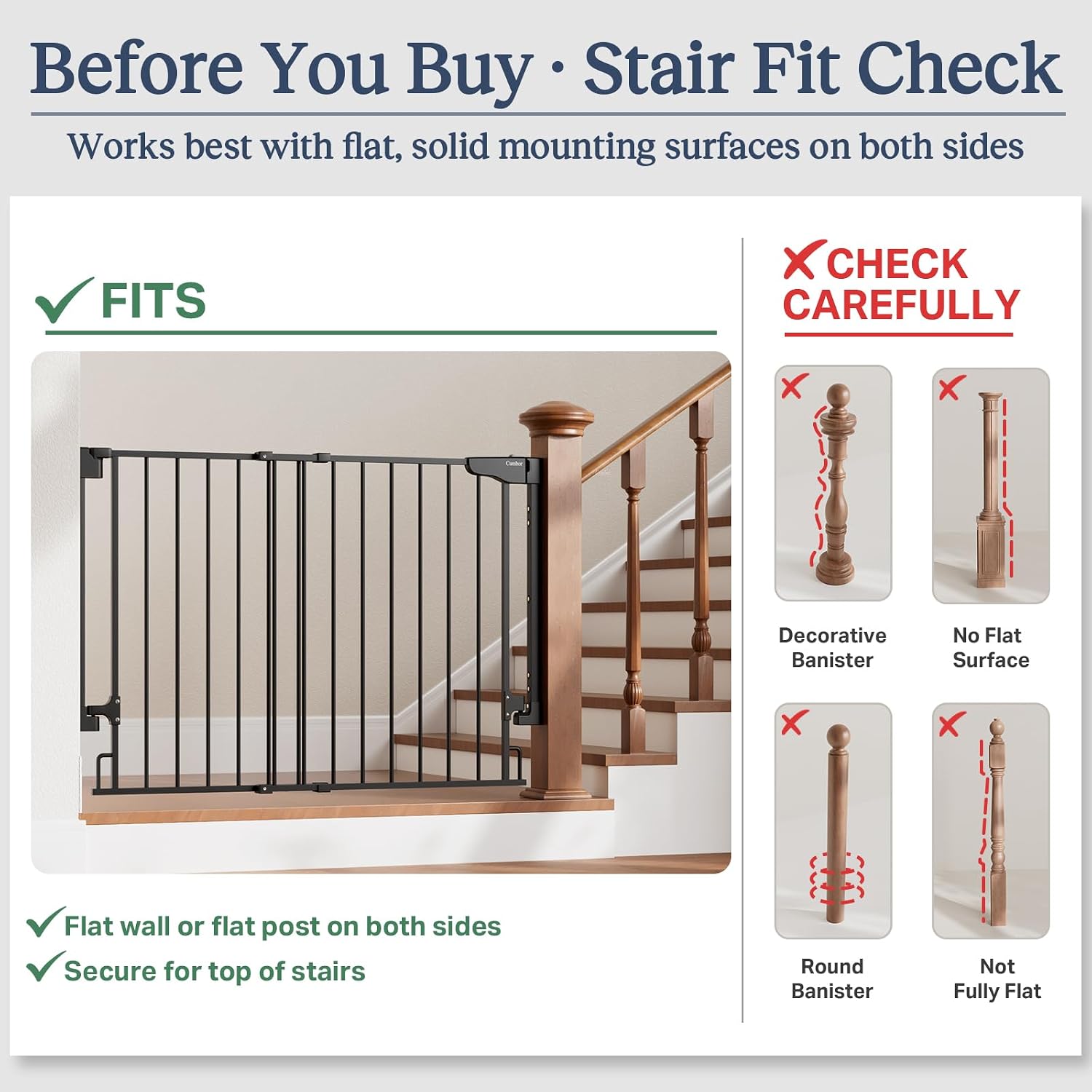 Cumbor 2 Pack 29.2-43' No Bottom Bar Baby Gate for Stairs, 2-in-1 Auto Close Dog Gate Indoor, Hardware Mounted Pet Gate for Doorways with Large Walk Thru Door, Child-Proof Safety Gate for Kids (Black)