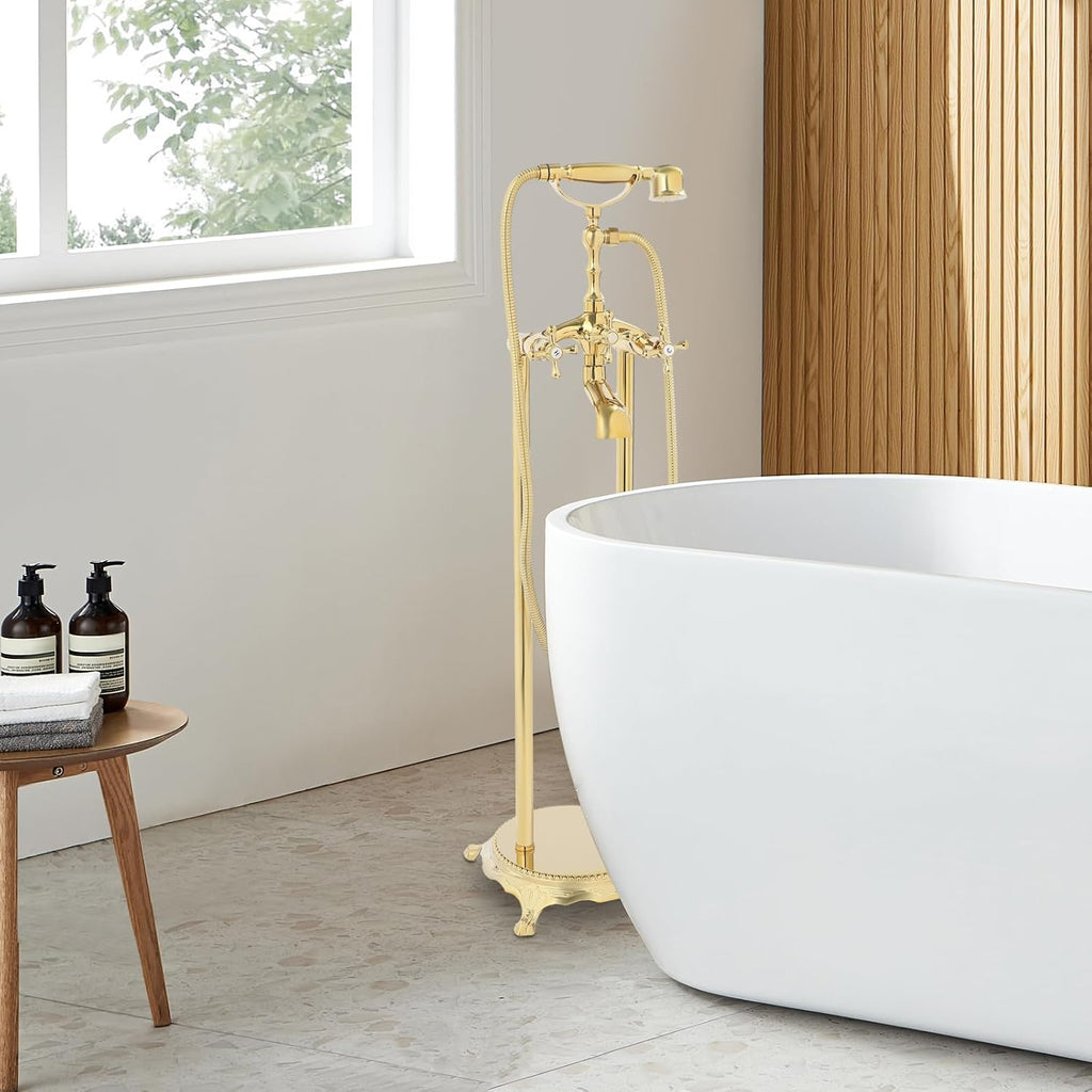 Freestanding Bathtub Faucet, Tub Filler with Handheld Shower, Brushed Nickel, Floor Mount Bathtub Faucet (Gold)