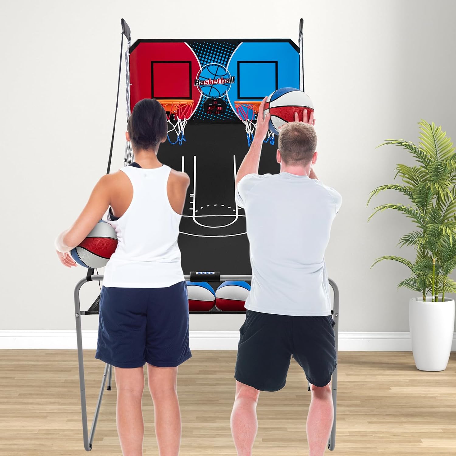 Goplus Foldable Dual Shot Basketball Arcade Game, Electronic Basketball Hoop w/LCD Scoreboard, 8 Game Modes, 4 Balls, Indoor Outdoor Basketball Game Machine for Adults (Red+Navy)