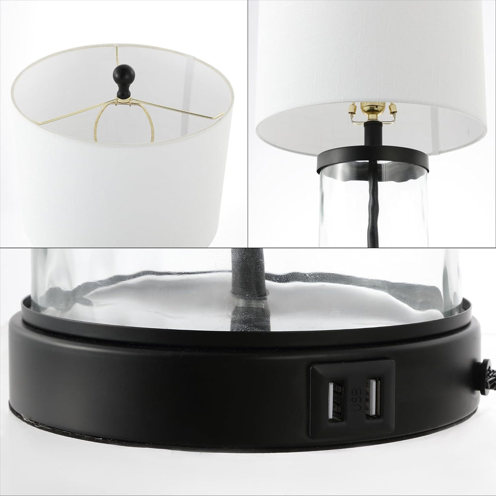 JONATHAN Y 21' Black Modern Industrial Water Glass Table Lamp Set of 2 with USB Charging Port, Iron Bedside Lamp for Bedroom Living Room, White Shade, LED Bulbs Included JYL4058A-SET2