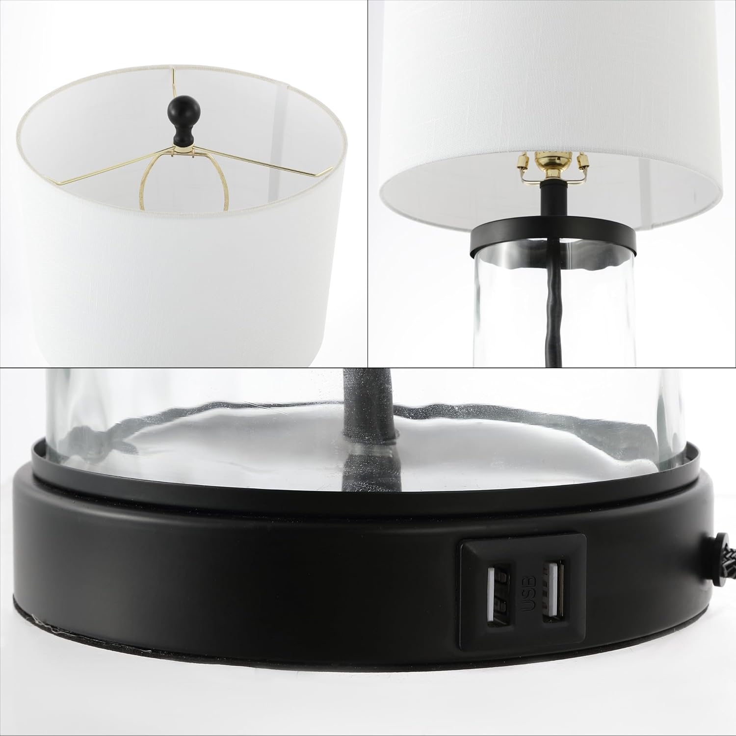 JONATHAN Y 21' Black Modern Industrial Water Glass Table Lamp Set of 2 with USB Charging Port, Iron Bedside Lamp for Bedroom Living Room, White Shade, LED Bulbs Included JYL4058A-SET2