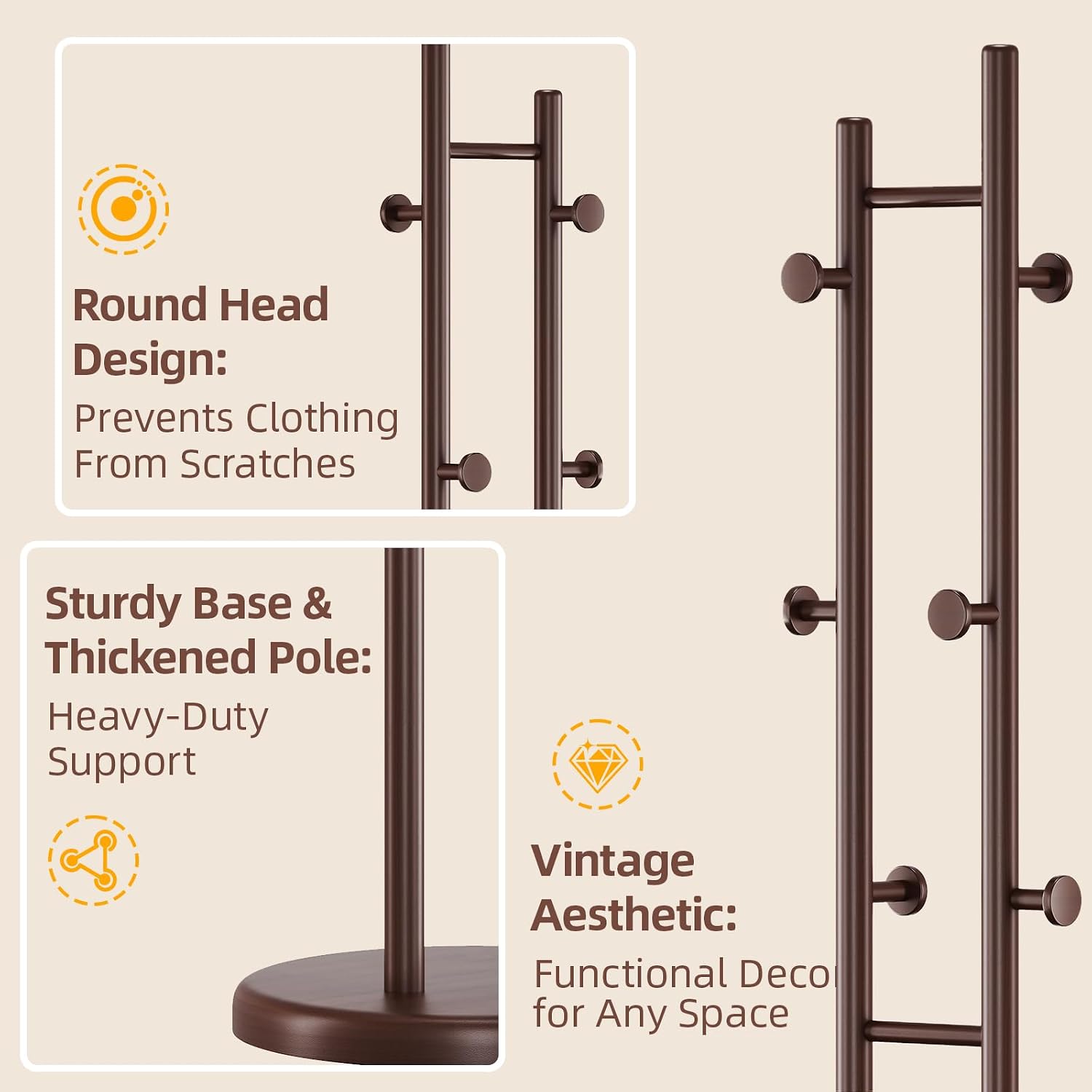 CozyDH Coat Rack Wooden Freestanding - Wood Coat Rack Freestanding Heavy Duty, Wooden Coat Stand with 6 Hooks Creative Look for Entryway, Hallway, Bedroom (Dark Walnut)