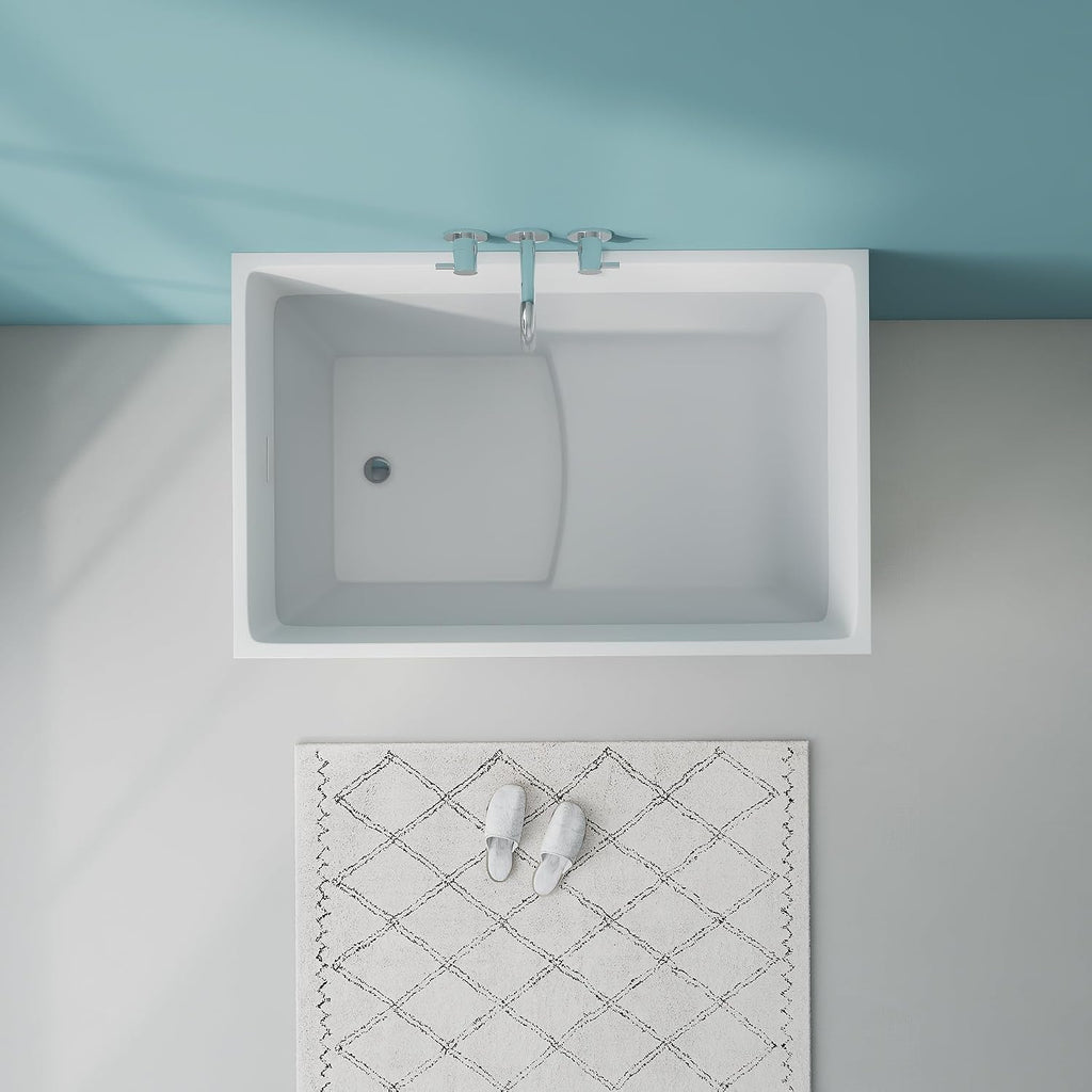 43.3' Free standing Bathtubs With Seat, Gloss White Acrylic Tub | Modern Freestanding Bathtub, Unique Soaking Tub with Overflow and Drain