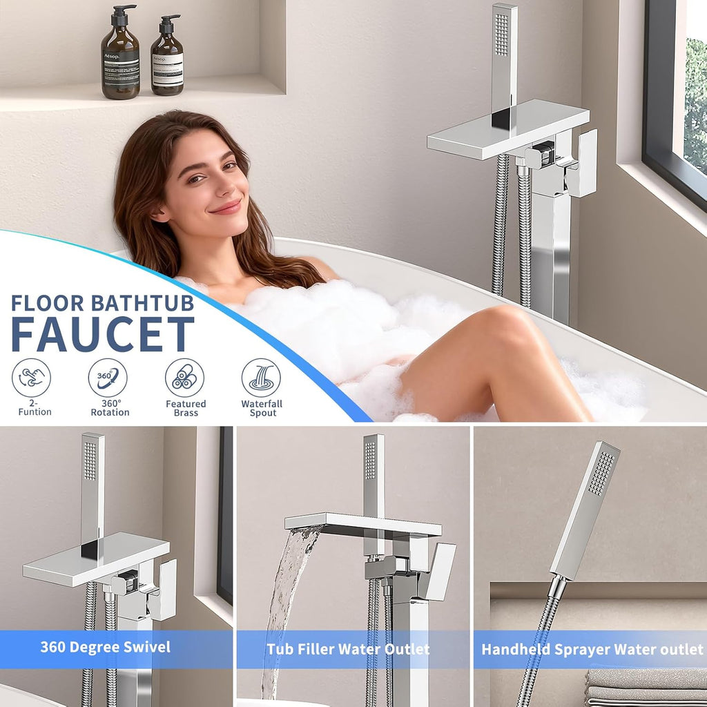 Freestanding Bathtub Faucet with Handheld Spray Single,High Flow Waterfall Bath Shower Faucet,Floor Mount Bathtub Faucet Swivel Flat Waterfall Spout Polished Chrome