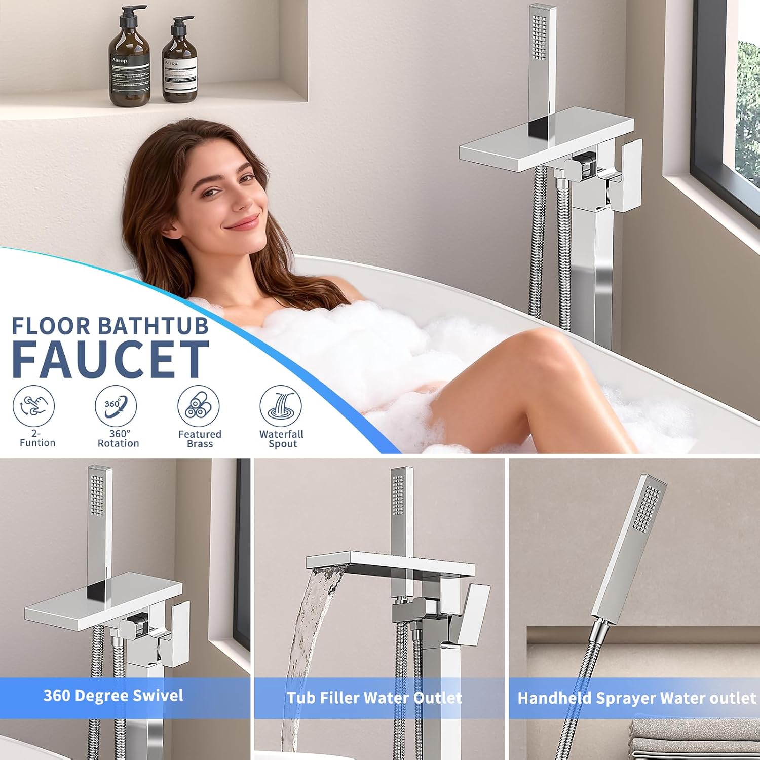 Freestanding Bathtub Faucet with Handheld Spray Single,High Flow Waterfall Bath Shower Faucet,Floor Mount Bathtub Faucet Swivel Flat Waterfall Spout Polished Chrome