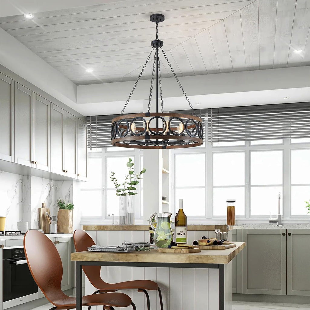 XINGQI Modern Farmhouse Chandelier 32.3' Large Drum 8 Lights Rustic Pendant Lighting Fixture for Living Room Dining Room Kitchen Island Bar Office, Round Metal Shade Black Wood Grain Finish