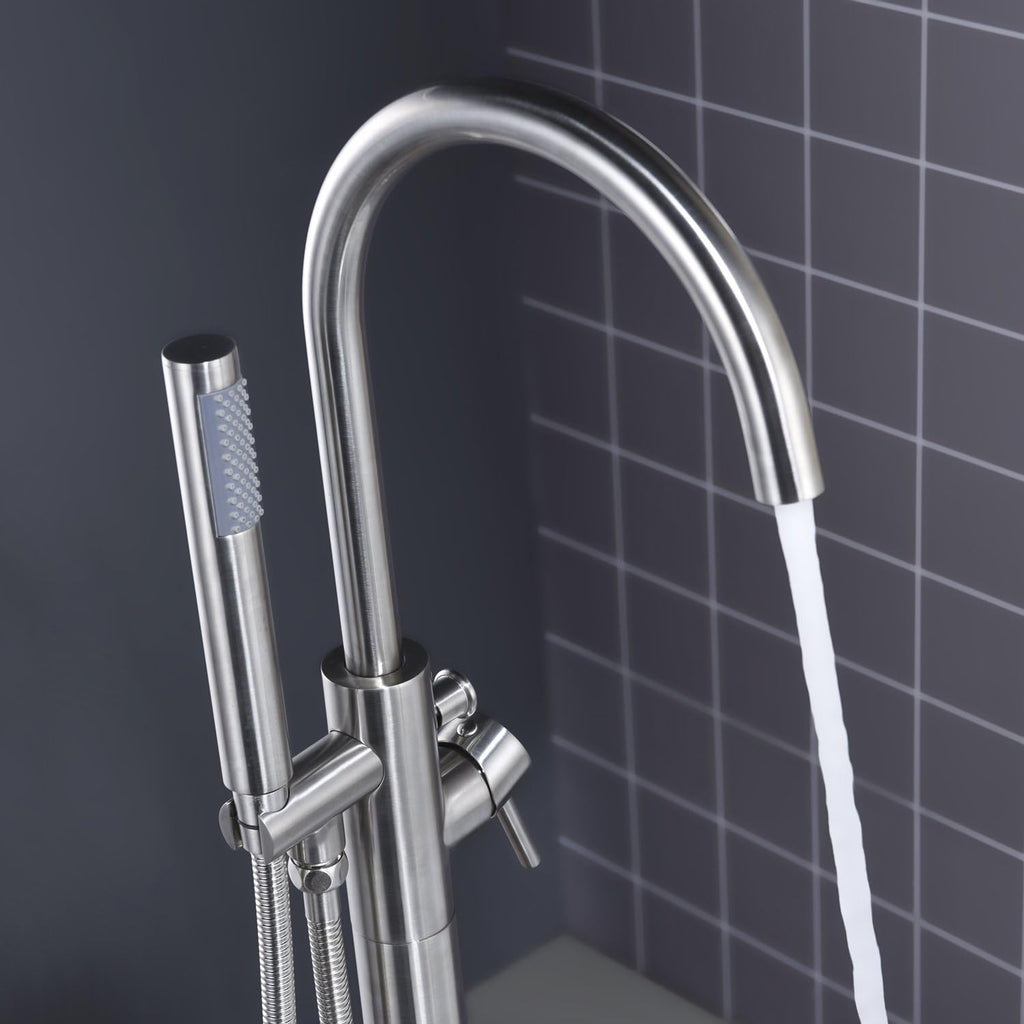 Freestanding Tub Filler Bathtub Faucet Brushed Nickel Floor Mount Single Handle Brass Faucets with Hand Shower