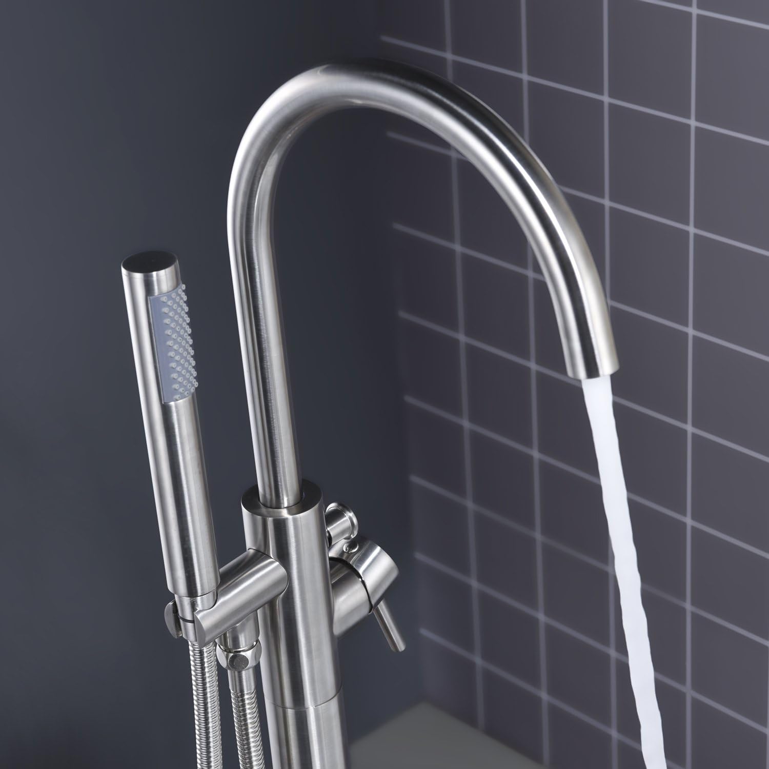 Freestanding Tub Filler Bathtub Faucet Brushed Nickel Floor Mount Single Handle Brass Faucets with Hand Shower